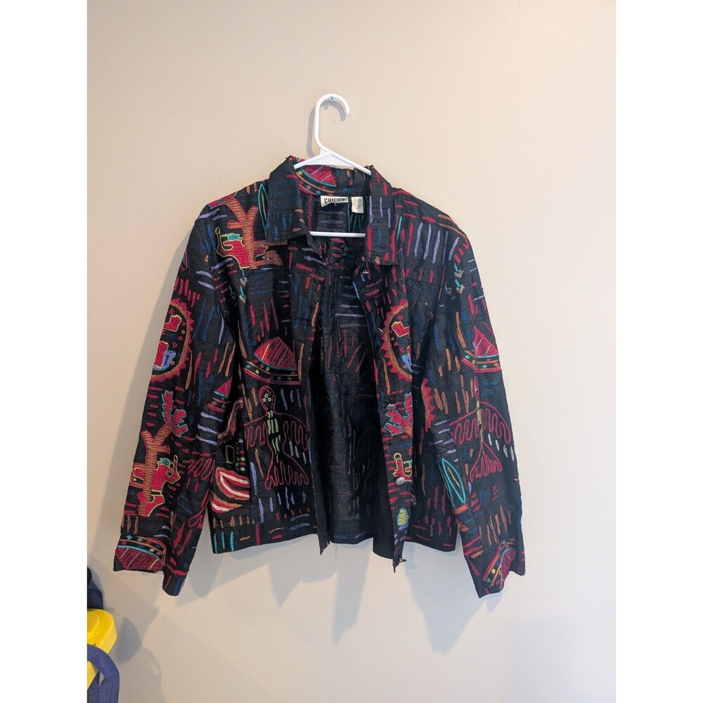 Chico's Design Sz 3 100% Silk Bright Embroider Art Wear Button Front Top